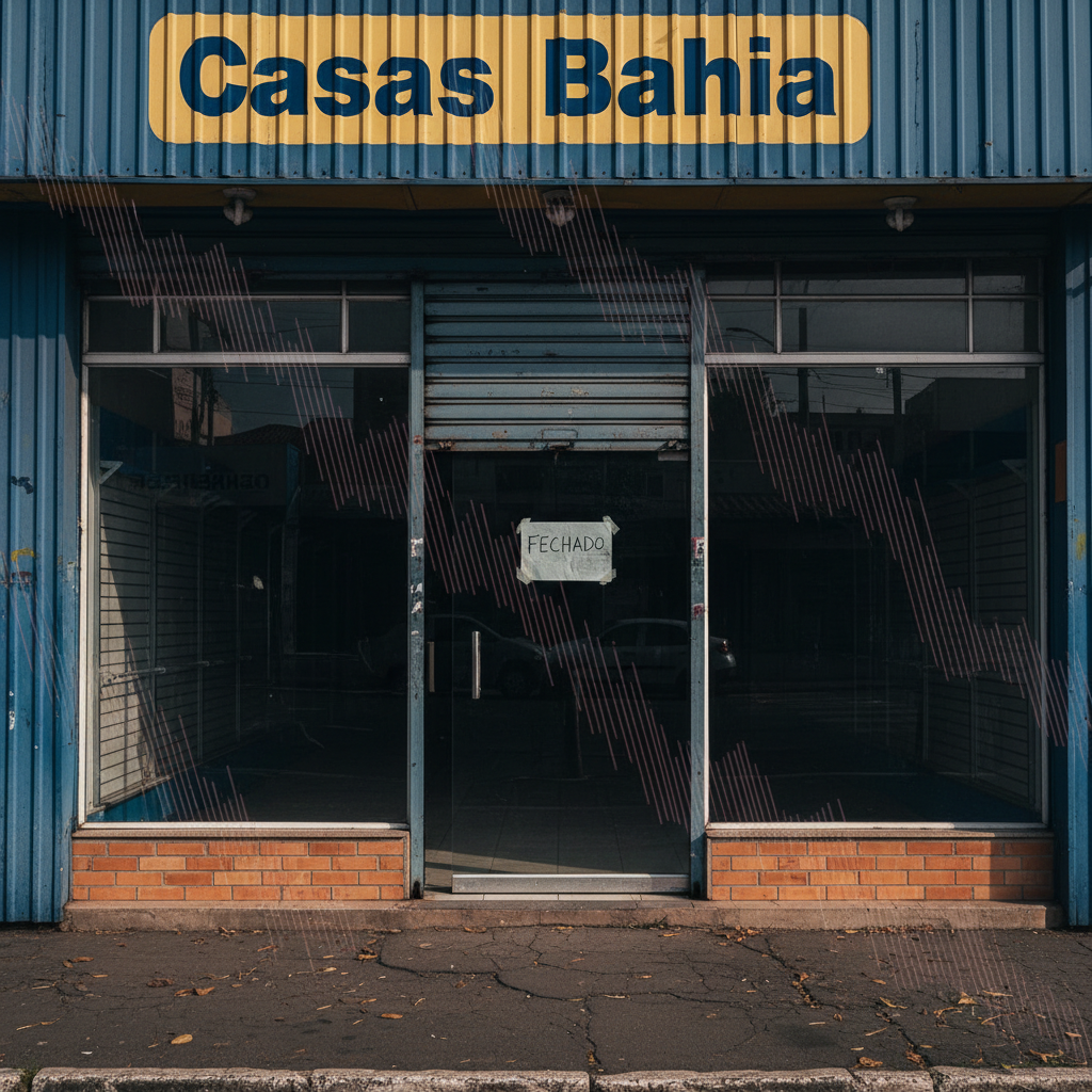 Fachada da Casas Bahia com placa de 'Fechado' e gráficos de queda, simbolizando a recuperação judicial Casas Bahia e a crise da varejista.