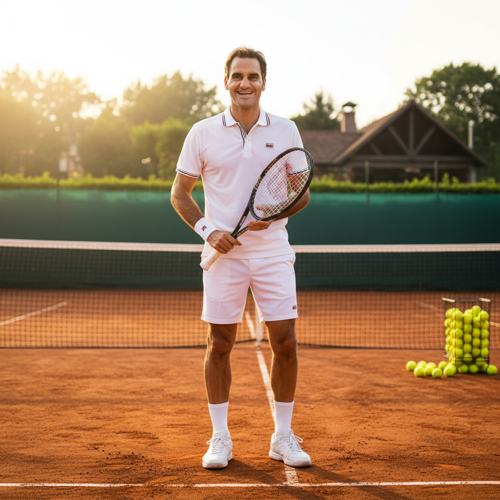 Roger Federer sorrindo na quadra de tênis, celebrando seu aniversário de 45 anos, com raquete, um símbolo de sua carreira de sucesso e disciplina.