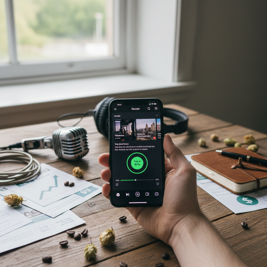 Spotify Skip ahead — Representação de um smartphone exibindo o aplicativo Spotify com o botão 'Skip ahead' em destaque, ilust