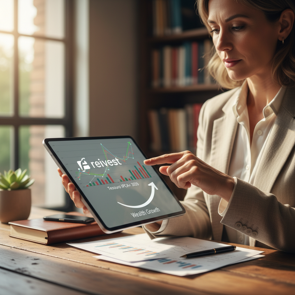 Investidor analisando gráficos financeiros em um tablet, com foco no reinvestimento do Tesouro IPCA+ 2026 para crescimento patrimonial.