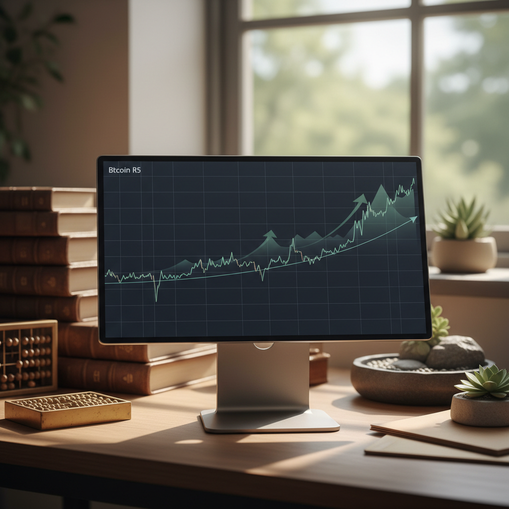 Gráfico mostrando a baixa volatilidade Bitcoin em um período de negociação estável, com setas indicando possíveis movimentos futuros.