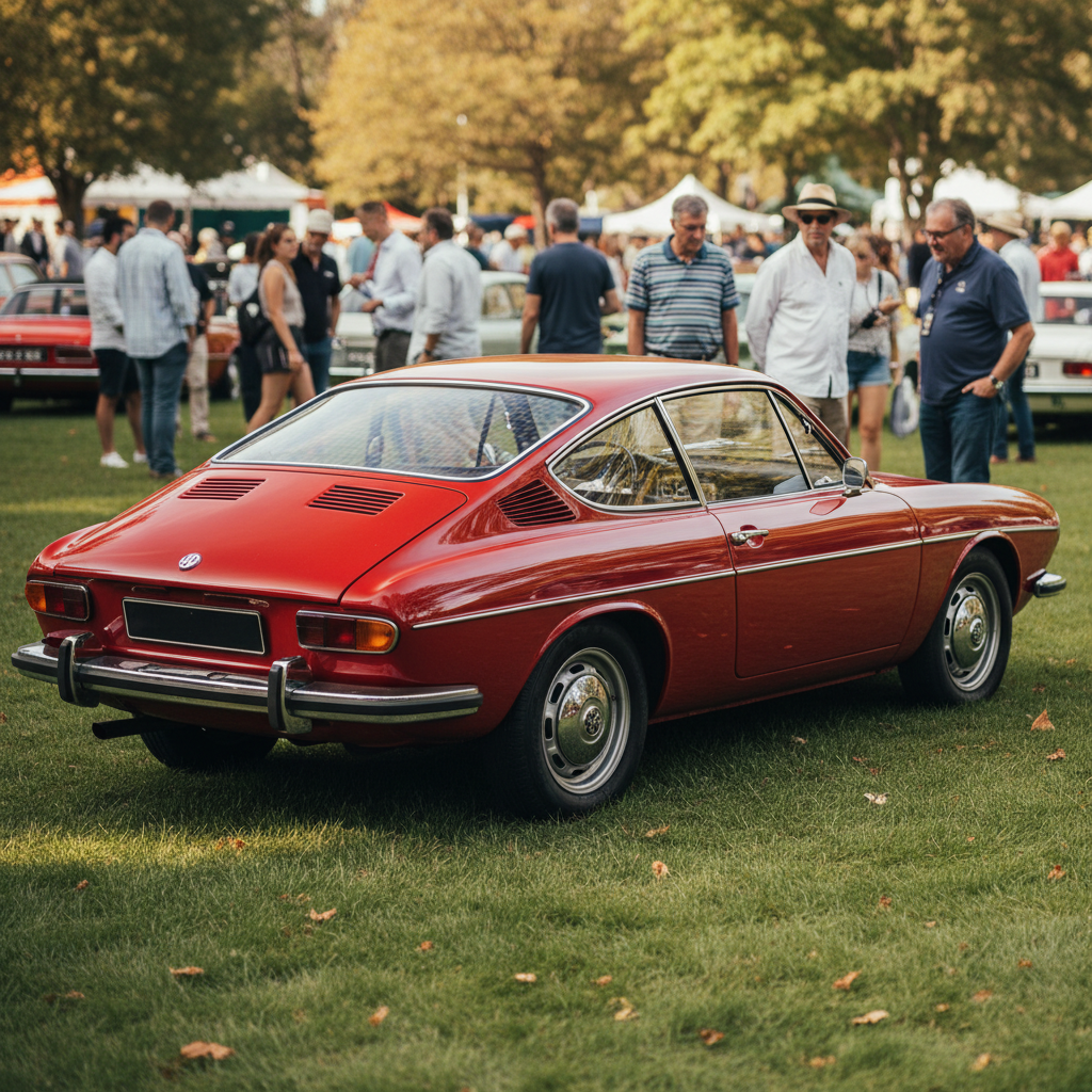 Um Volkswagen SP2 vermelho clássico em um evento de carros antigos, destacando seu design icônico e status de relíquia.