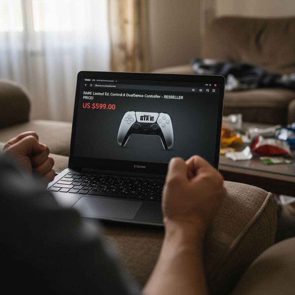 Controle DualSense GTA 6 edição limitada em preto e branco com logo do jogo, alvo de cambistas em pré-venda.