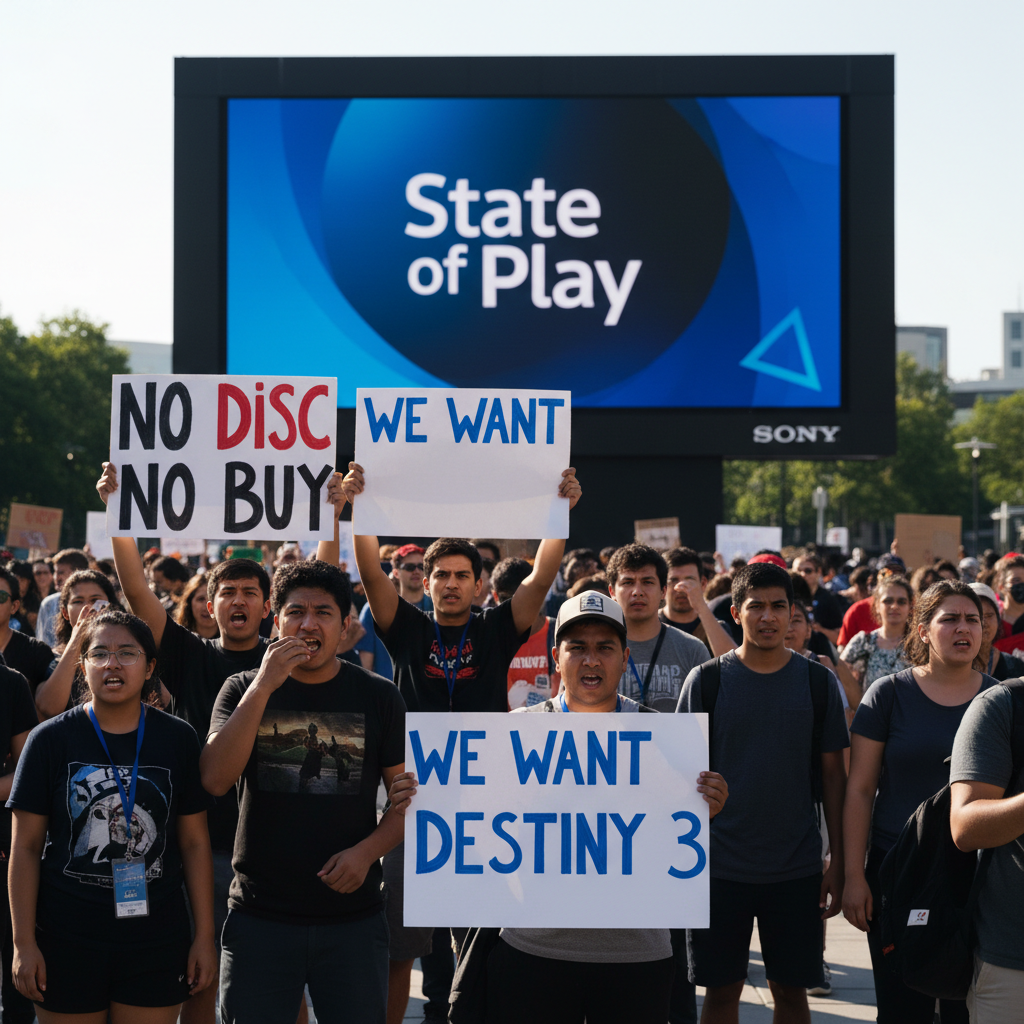 Fãs protestando com cartazes 'NO DISC NO BUY' e 'WE WANT DESTINY 3' durante o State of Play, simbolizando os protestos State of Play.
