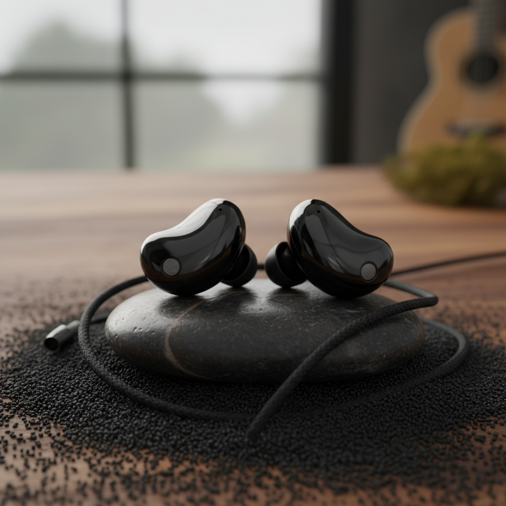 Detalhe de um par de Galaxy Buds 4 Pro na cor preta, destacando seu design anatômico e a qualidade do áudio.