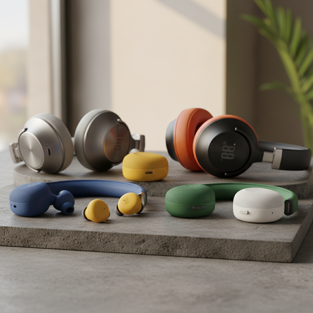 Close-up de diversos modelos de fones de ouvido JBL 2026, incluindo TWS e headphones over-ear, dispostos em uma superfície moderna, destacando suas cores e designs elegantes.