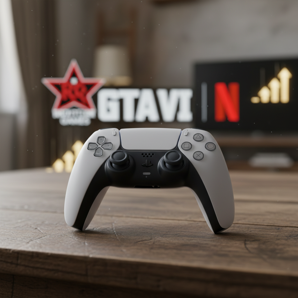 Pré-venda GTA 6 em destaque, com ícones do PlayStation 5, Xbox Series e logo da Netflix ao fundo, simbolizando o sucesso e os recordes alcançados.