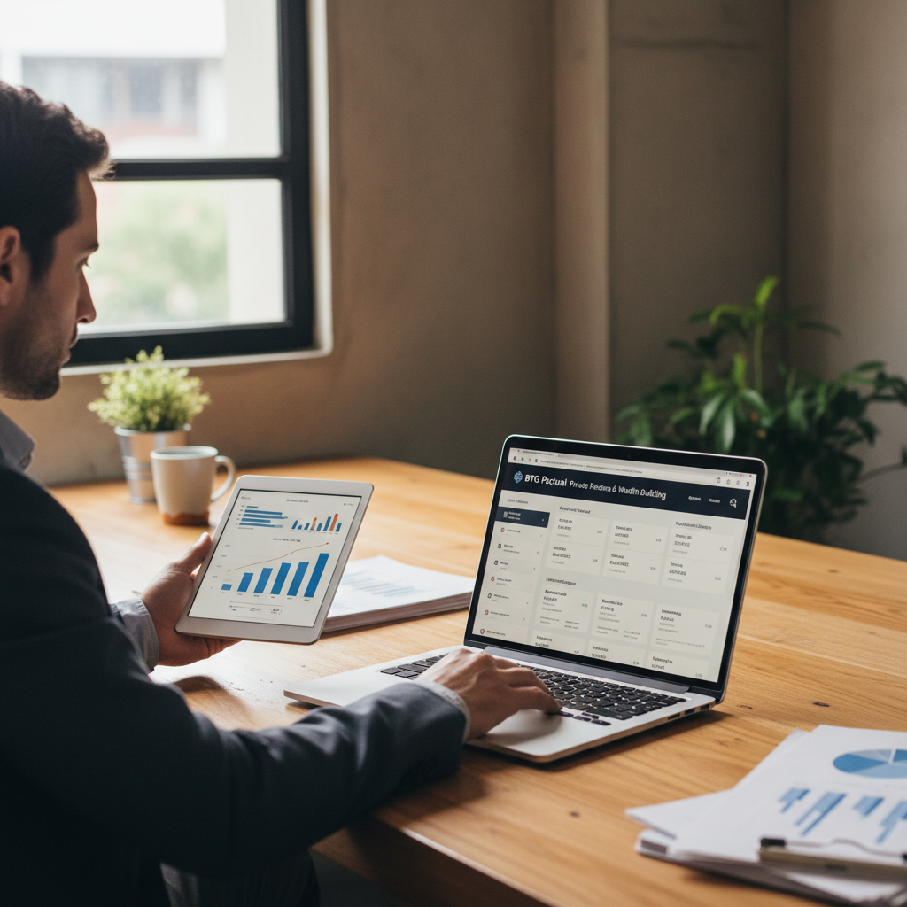 Previdência Privada BTG Pactual — Pessoa analisando gráficos financeiros, planejando previdência privada e construção de patr