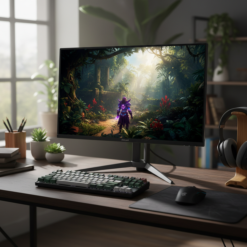 Close-up detalhado do monitor OLED ASRock Phantom Gaming PGO32UFS, destacando sua tela vibrante e design moderno em um setup gamer avançado.