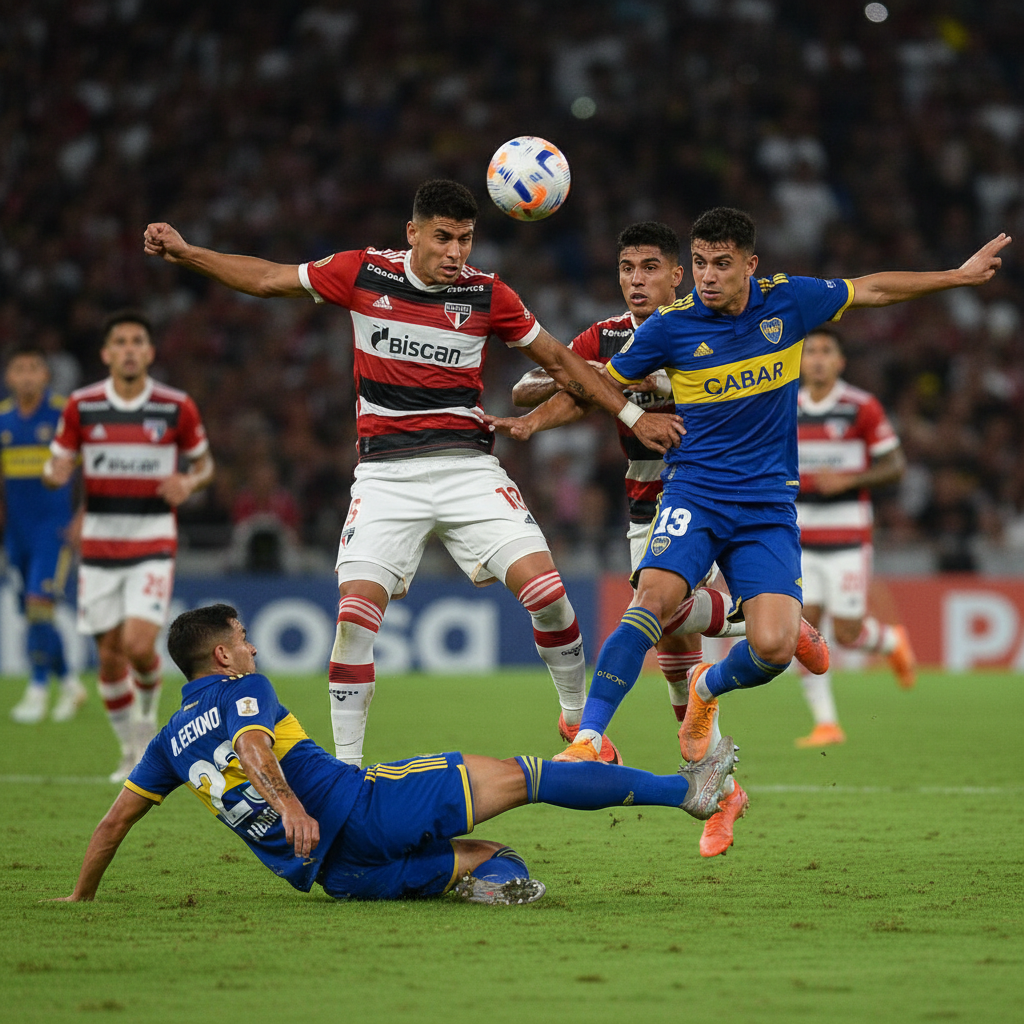 São Paulo x Boca Juniors — Jogadores de São Paulo e Boca Juniors em campo durante a Copa Sul-Americana 2026, refletindo a int